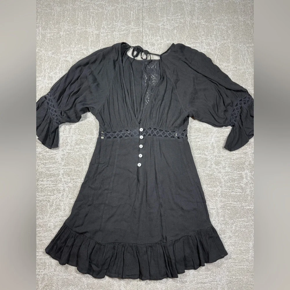 Free People Black Bell Sleeve Boho Open Back Button Down Lagnelook Dress Sz XS